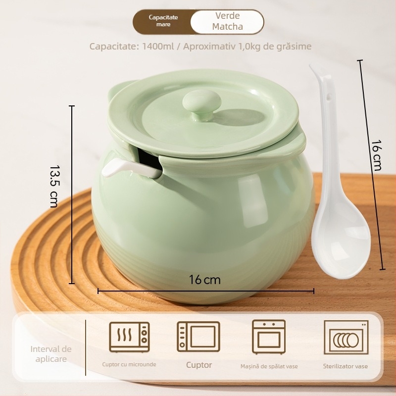 Vază ceramică pentru condimente lichide, cu mâner dublu, capac și linguriță; rezistent la temperaturi înalte