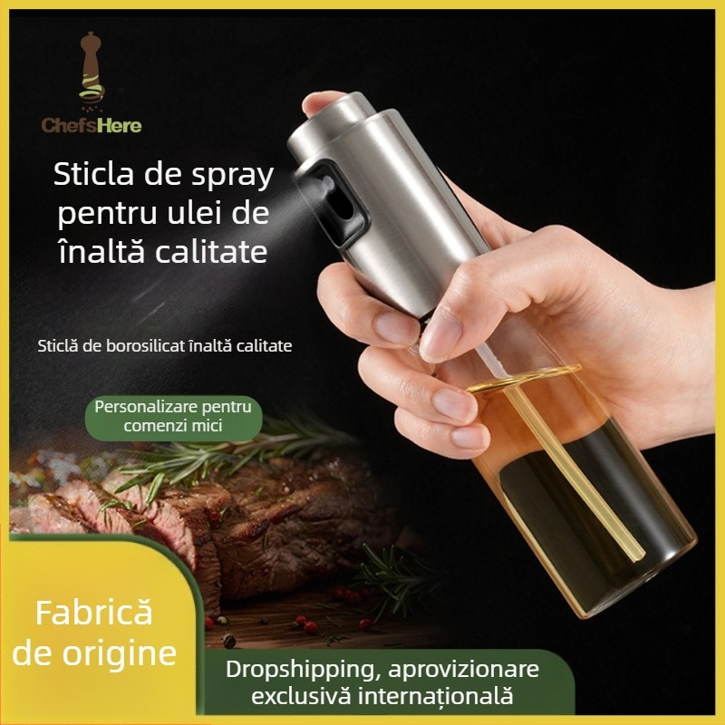 Sticlă de spray pentru ulei de bucătărie, oțel inoxidabil + sticlă, mecanism apăsat pentru pulverizare, aspect simplu și modern