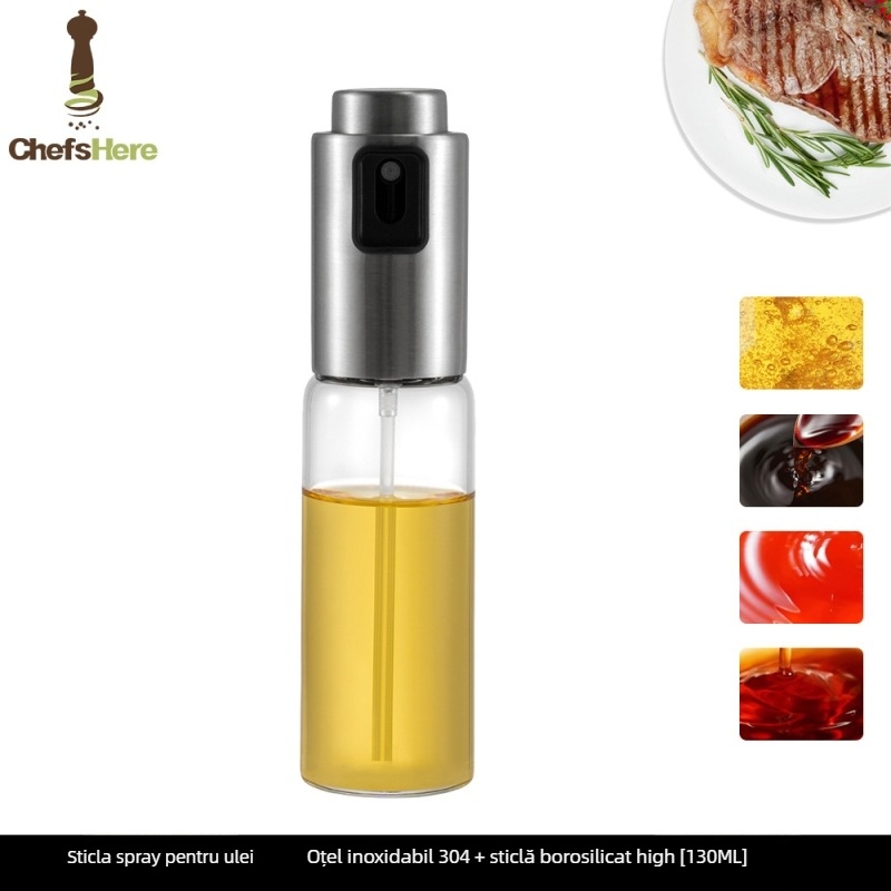 Sticlă de spray pentru ulei de bucătărie, oțel inoxidabil + sticlă, mecanism apăsat pentru pulverizare, aspect simplu și modern