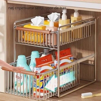 Raft de depozitare pentru chiuveta bucătărie, cu două niveluri, glisant, multifuncțional, din oțel inoxidabil și lemn, design modern minimalist