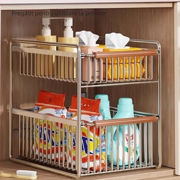 Raft de depozitare pentru chiuveta bucătărie, cu două niveluri, glisant, multifuncțional, din oțel inoxidabil și lemn, design modern minimalist