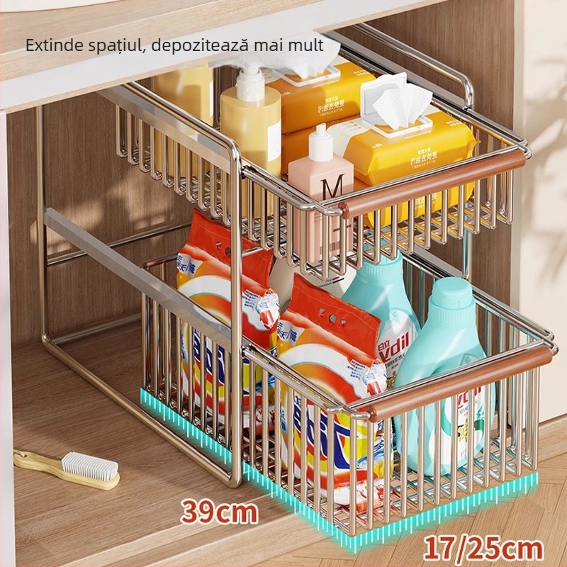 Raft de depozitare pentru chiuveta bucătărie, cu două niveluri, glisant, multifuncțional, din oțel inoxidabil și lemn, design modern minimalist