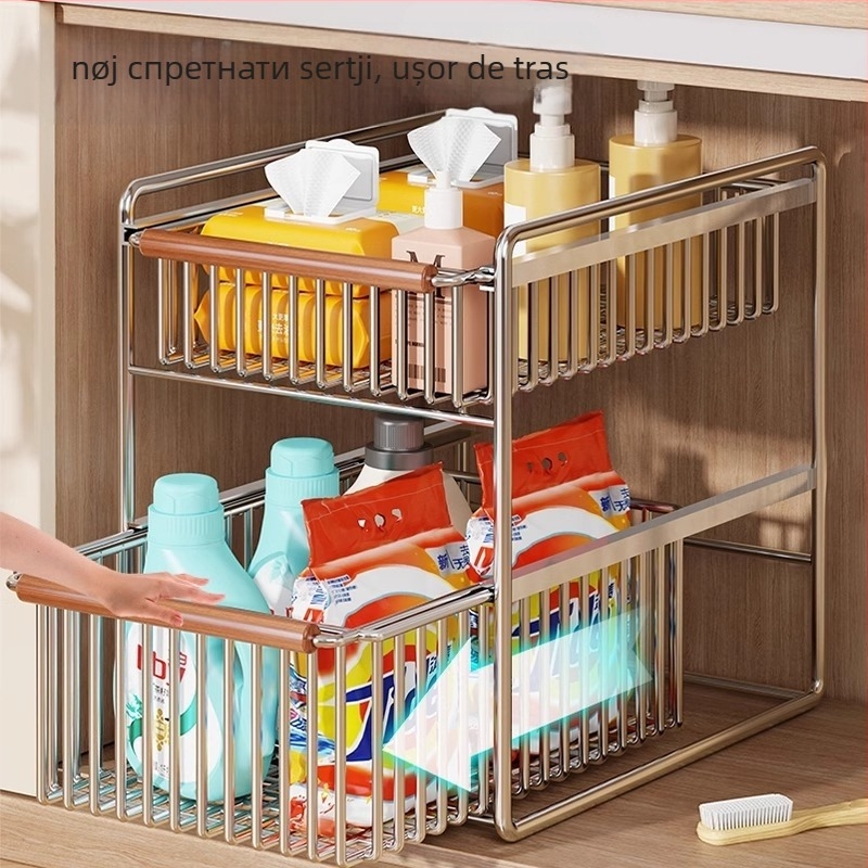 Raft de depozitare pentru chiuveta bucătărie, cu două niveluri, glisant, multifuncțional, din oțel inoxidabil și lemn, design modern minimalist