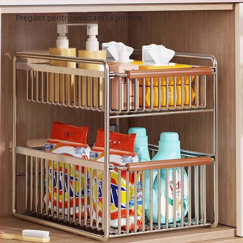 Raft de depozitare pentru chiuveta bucătărie, cu două niveluri, glisant, multifuncțional, din oțel inoxidabil și lemn, design modern minimalist