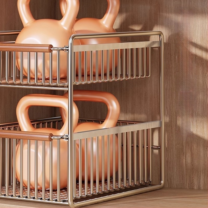 Raft de depozitare pentru chiuveta bucătărie, cu două niveluri, glisant, multifuncțional, din oțel inoxidabil și lemn, design modern minimalist