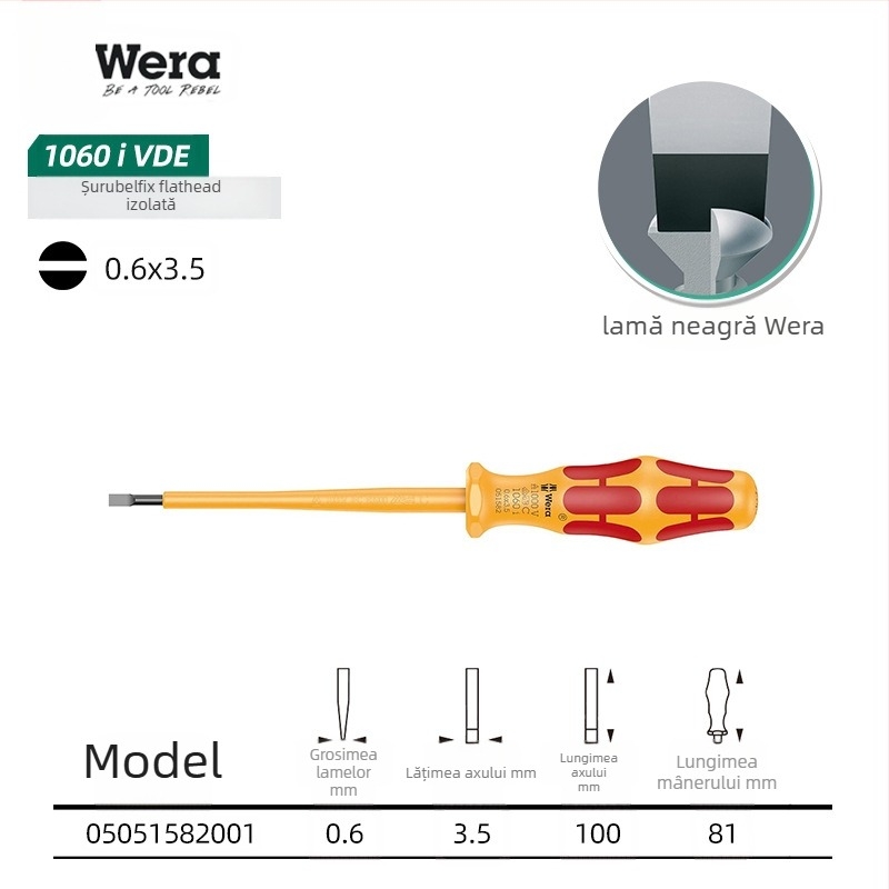 Set de șurubelnițe izolate WERA — oțel crom-vanadiu, fără magneți, greutate 0.15, mâner PVC