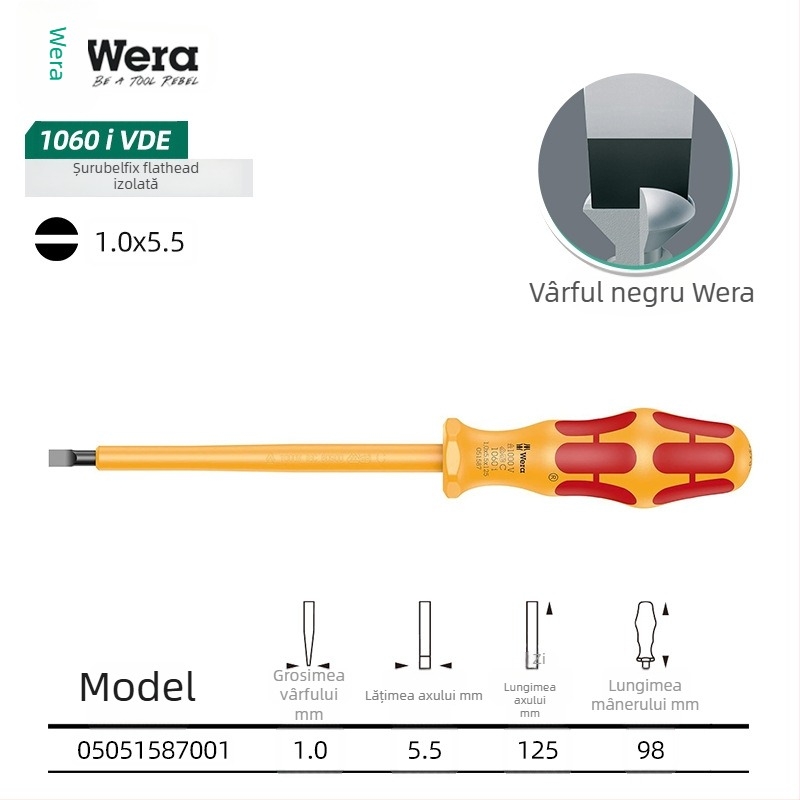 Set de șurubelnițe izolate WERA — oțel crom-vanadiu, fără magneți, greutate 0.15, mâner PVC