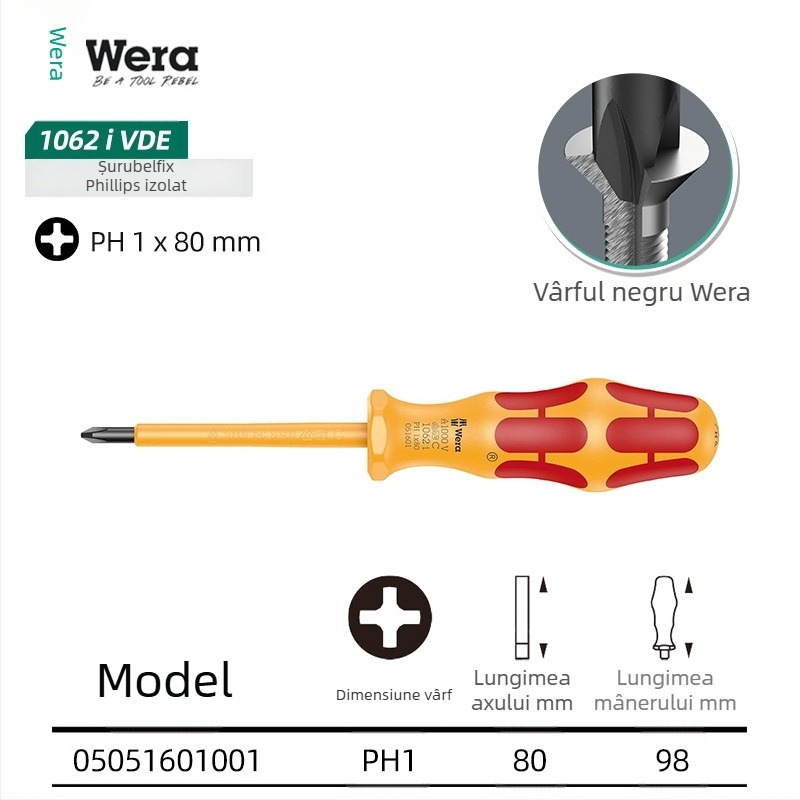 Set de șurubelnițe izolate WERA — oțel crom-vanadiu, fără magneți, greutate 0.15, mâner PVC