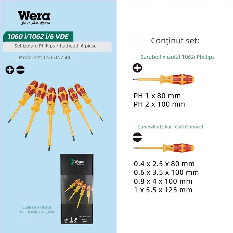 Set de șurubelnițe izolate WERA — oțel crom-vanadiu, fără magneți, greutate 0.15, mâner PVC