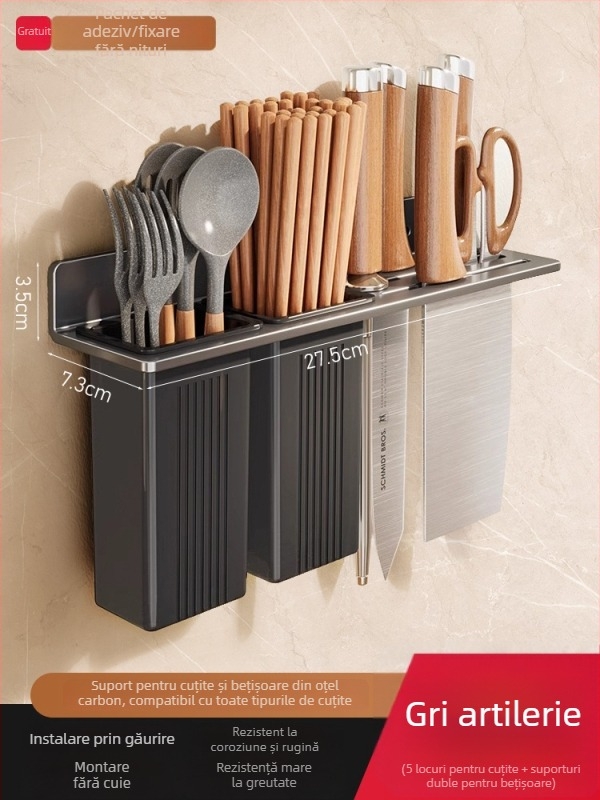 Raft pentru cuțite de bucătărie din oțel carbon, fără montaj, depozitare pe blat, stil etnic