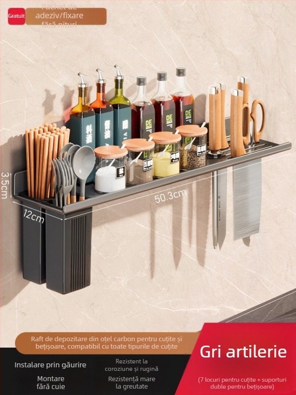 Raft pentru cuțite de bucătărie din oțel carbon, fără montaj, depozitare pe blat, stil etnic