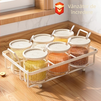 Set de condimente: suport plastic pentru sare, borcan MSG și borcan de piper cu raft de depozitare, bucătărie modernă minimalistă, design fără găuri