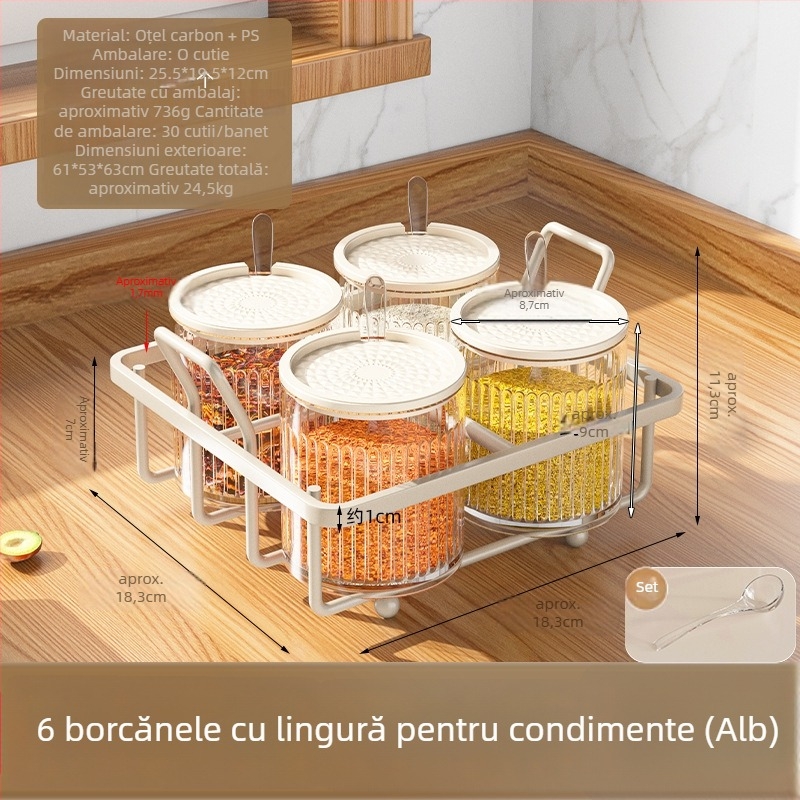 Set de condimente: suport plastic pentru sare, borcan MSG și borcan de piper cu raft de depozitare, bucătărie modernă minimalistă, design fără găuri