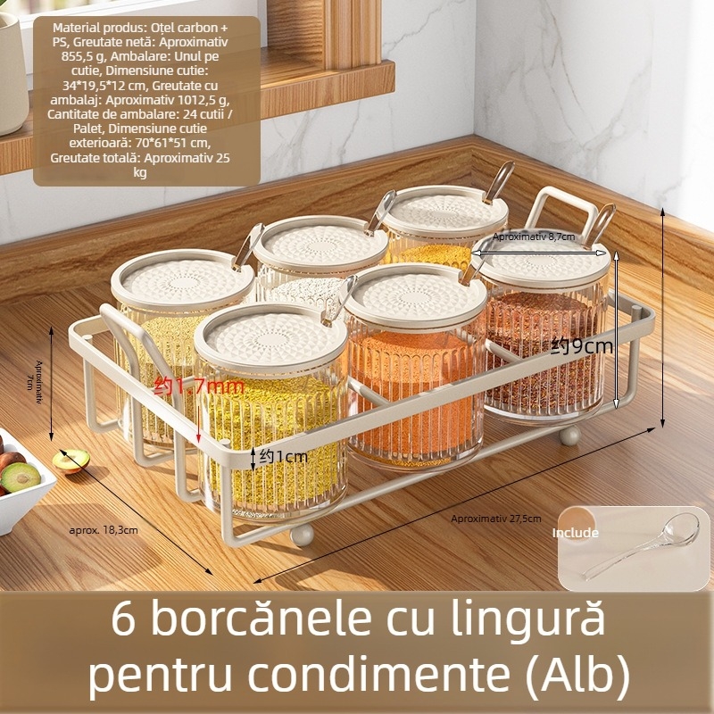 Set de condimente: suport plastic pentru sare, borcan MSG și borcan de piper cu raft de depozitare, bucătărie modernă minimalistă, design fără găuri