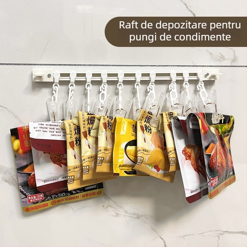 Raft de stocare a pungilor de condimente, clips de sigilare, montaj pe perete, fără găuri, din plastic