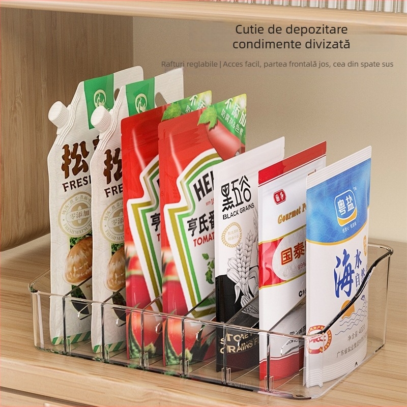 Organizator din plastic pentru borcane de condimente pe blat, cu compartimente multiple pentru condimente solide, stil modern minimalist, calitate premium