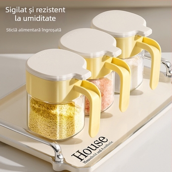 Recipient pătrat din sticlă pentru condimente, cu capac – depozitare sigilată pentru condimente solide, rezistență la umezeală