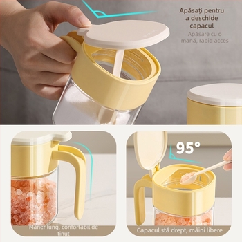 Recipient pătrat din sticlă pentru condimente, cu capac – depozitare sigilată pentru condimente solide, rezistență la umezeală