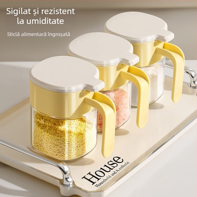Recipient pătrat din sticlă pentru condimente, cu capac – depozitare sigilată pentru condimente solide, rezistență la umezeală