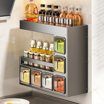 Raft de condimente pentru bucătărie montat pe perete – fără găuri, multifuncțional, din ABS + oțel cu carbon, organizator de condimente pe mai multe niveluri