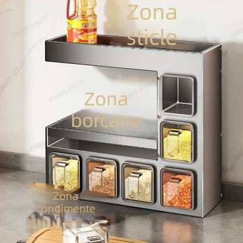 Raft de condimente pentru bucătărie montat pe perete – fără găuri, multifuncțional, din ABS + oțel cu carbon, organizator de condimente pe mai multe niveluri