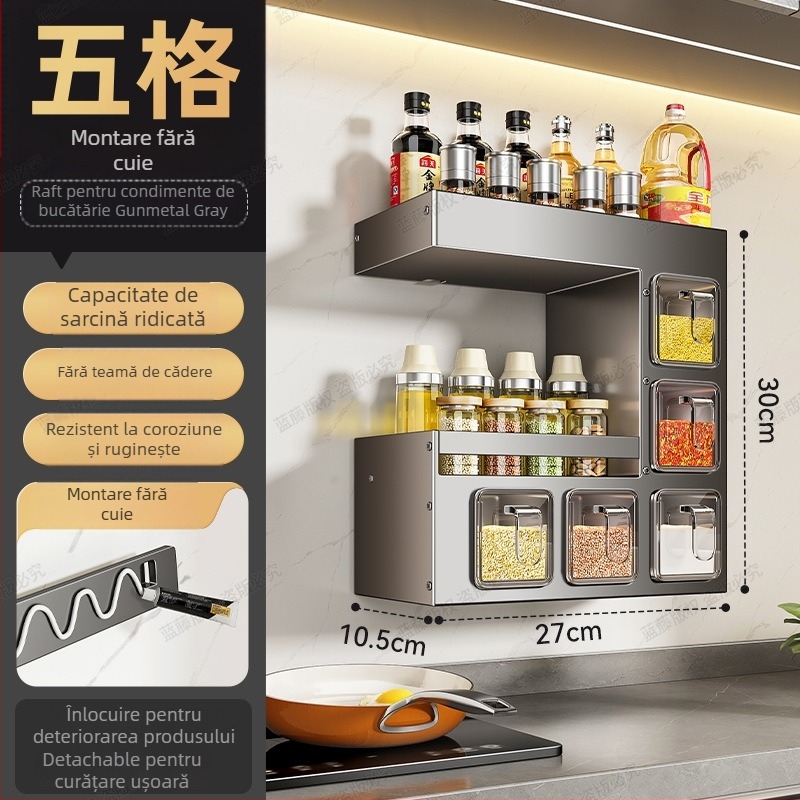 Raft de condimente pentru bucătărie montat pe perete – fără găuri, multifuncțional, din ABS + oțel cu carbon, organizator de condimente pe mai multe niveluri