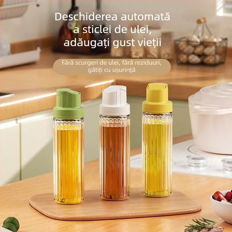 Sticlă de ulei gravitațională, cu deschidere și închidere automate, din sticlă, pentru ulei și oțet, stil modern minimalist