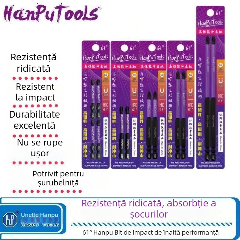 Bit de șurub cu cap încrucișat Nb-S2, unghi 61°, rezistent la impact, magnetic