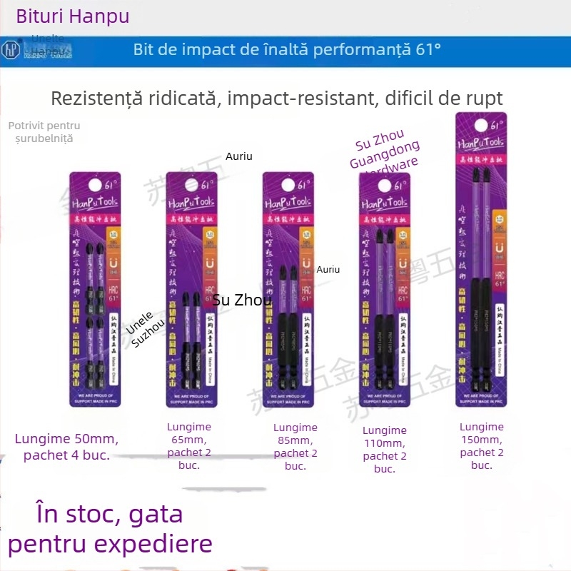 Bit de șurub cu cap încrucișat Nb-S2, unghi 61°, rezistent la impact, magnetic