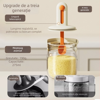 Lingură telescopică pentru condimente cu capac, cutie integrată pentru condimente — sticlă, stil japonez, imprimare logo disponibilă, personalizabil