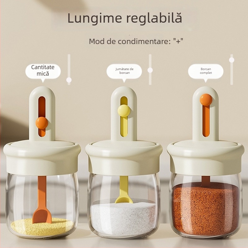 Lingură telescopică pentru condimente cu capac, cutie integrată pentru condimente — sticlă, stil japonez, imprimare logo disponibilă, personalizabil