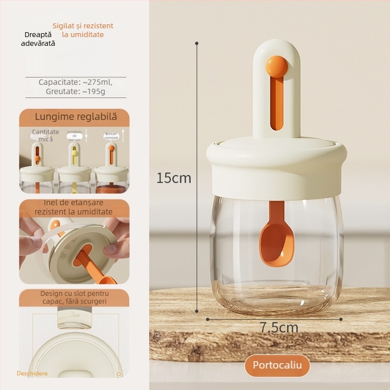 Lingură telescopică pentru condimente cu capac, cutie integrată pentru condimente — sticlă, stil japonez, imprimare logo disponibilă, personalizabil