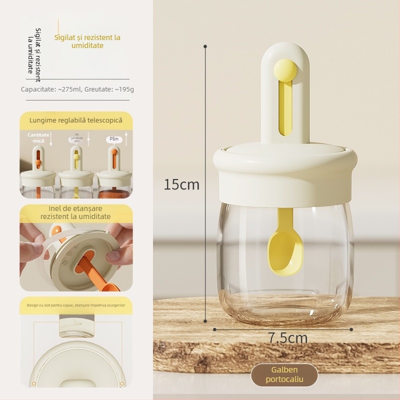 Lingură telescopică pentru condimente cu capac, cutie integrată pentru condimente — sticlă, stil japonez, imprimare logo disponibilă, personalizabil