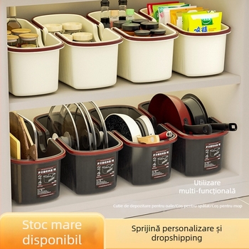 Raft de depozitare pentru vase de bucătărie cu role pentru dulap sub chiuvetă – plastic, fără montaj, organizator multifuncțional.