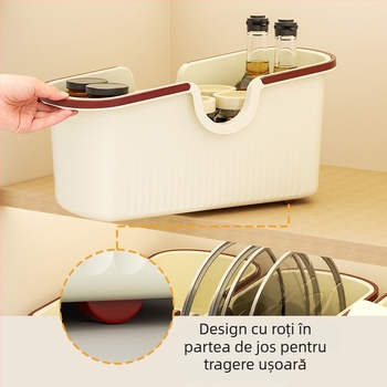 Raft de depozitare pentru vase de bucătărie cu role pentru dulap sub chiuvetă – plastic, fără montaj, organizator multifuncțional.