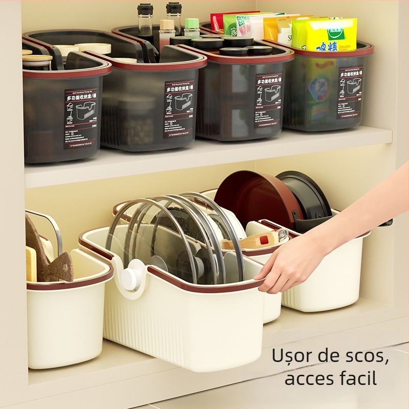 Raft de depozitare pentru vase de bucătărie cu role pentru dulap sub chiuvetă – plastic, fără montaj, organizator multifuncțional.