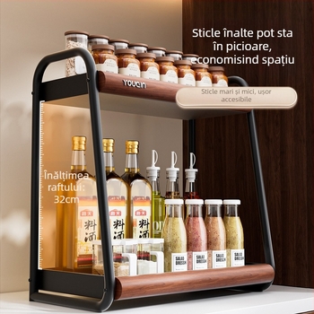 Raft de condimente pentru bucătărie cu suprafață rotativă, fără montaj — spațiu de depozitare pentru sare, sos și oțet; Material: oțel carbon; Stil: modern minimalist; Brand: Youqin; Lansare: 2025.