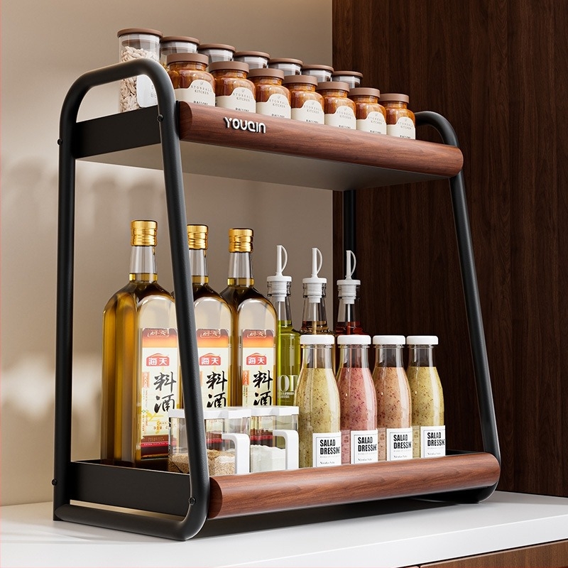 Raft de condimente pentru bucătărie cu suprafață rotativă, fără montaj — spațiu de depozitare pentru sare, sos și oțet; Material: oțel carbon; Stil: modern minimalist; Brand: Youqin; Lansare: 2025.