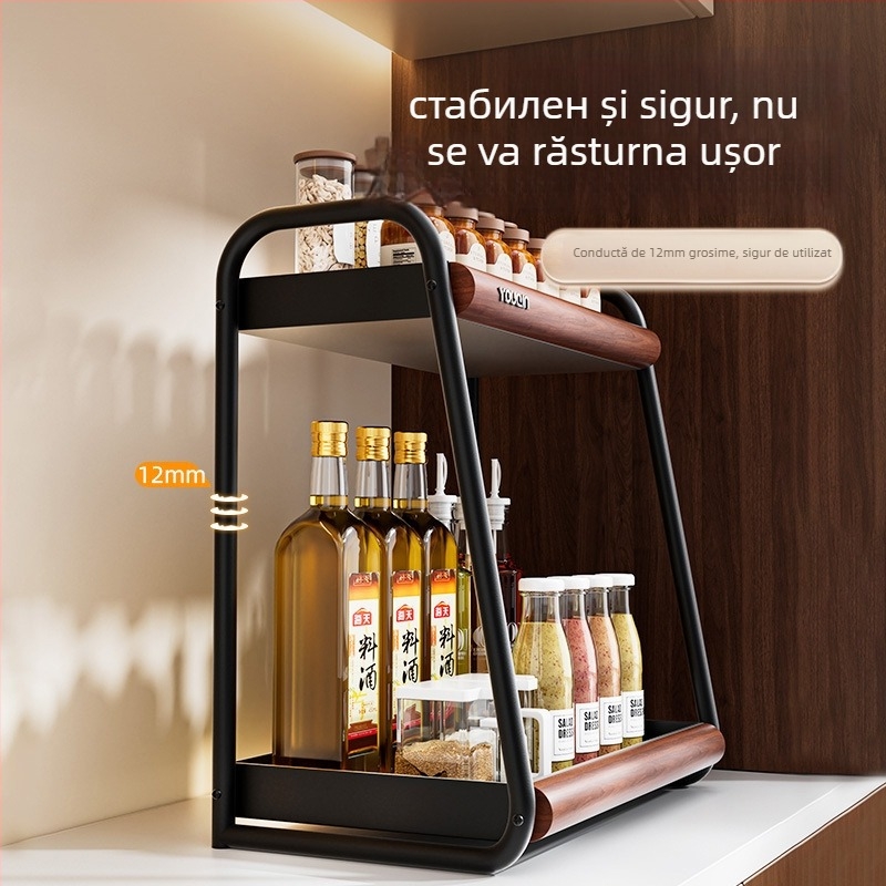 Raft de condimente pentru bucătărie cu suprafață rotativă, fără montaj — spațiu de depozitare pentru sare, sos și oțet; Material: oțel carbon; Stil: modern minimalist; Brand: Youqin; Lansare: 2025.