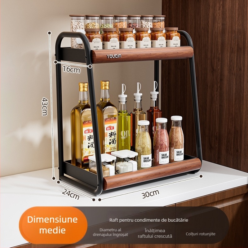 Raft de condimente pentru bucătărie cu suprafață rotativă, fără montaj — spațiu de depozitare pentru sare, sos și oțet; Material: oțel carbon; Stil: modern minimalist; Brand: Youqin; Lansare: 2025.
