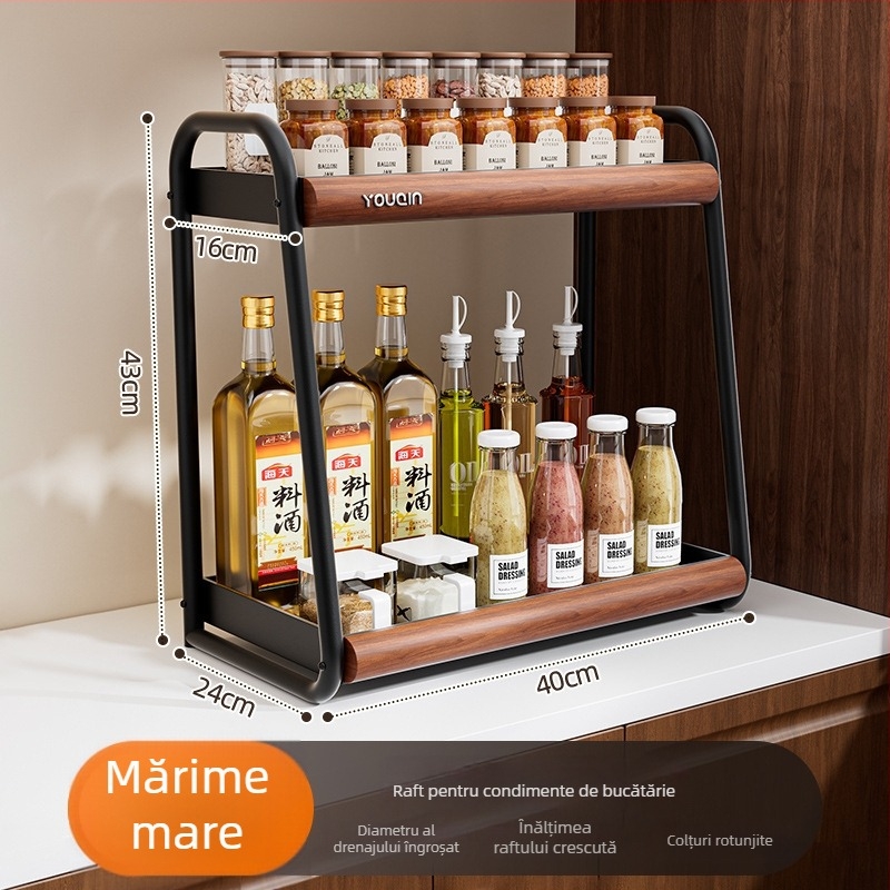 Raft de condimente pentru bucătărie cu suprafață rotativă, fără montaj — spațiu de depozitare pentru sare, sos și oțet; Material: oțel carbon; Stil: modern minimalist; Brand: Youqin; Lansare: 2025.
