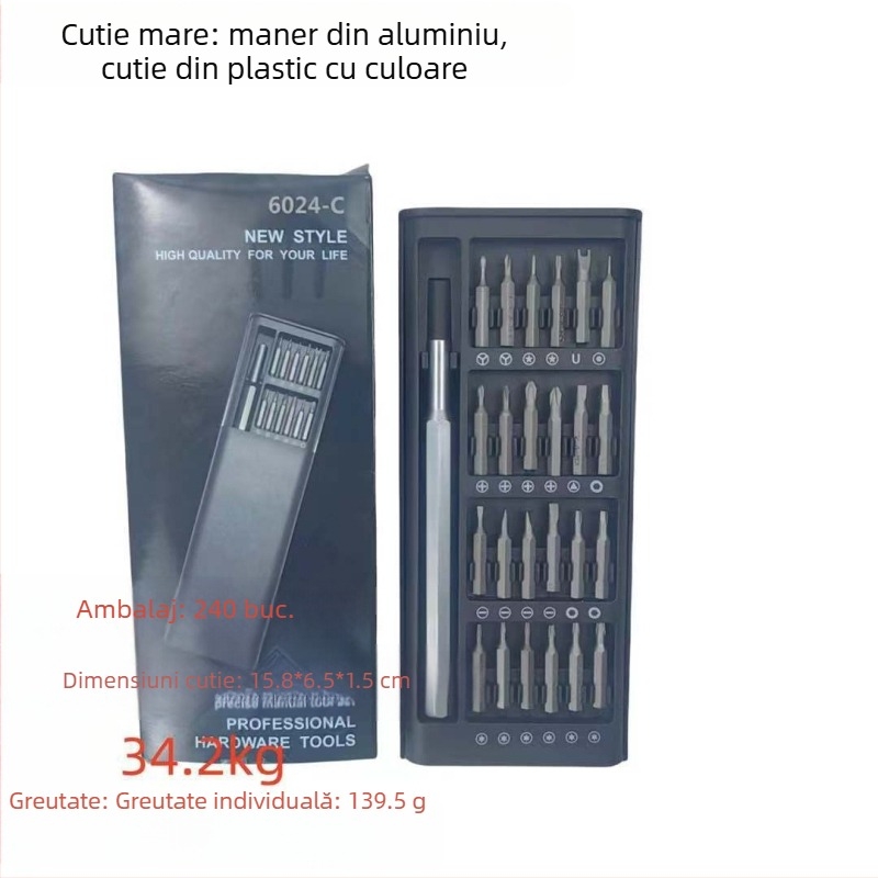 Set de șurubelnițe magnetice 24-in-1, pentru reparări telefoane mobile, oțel S2, 192 g