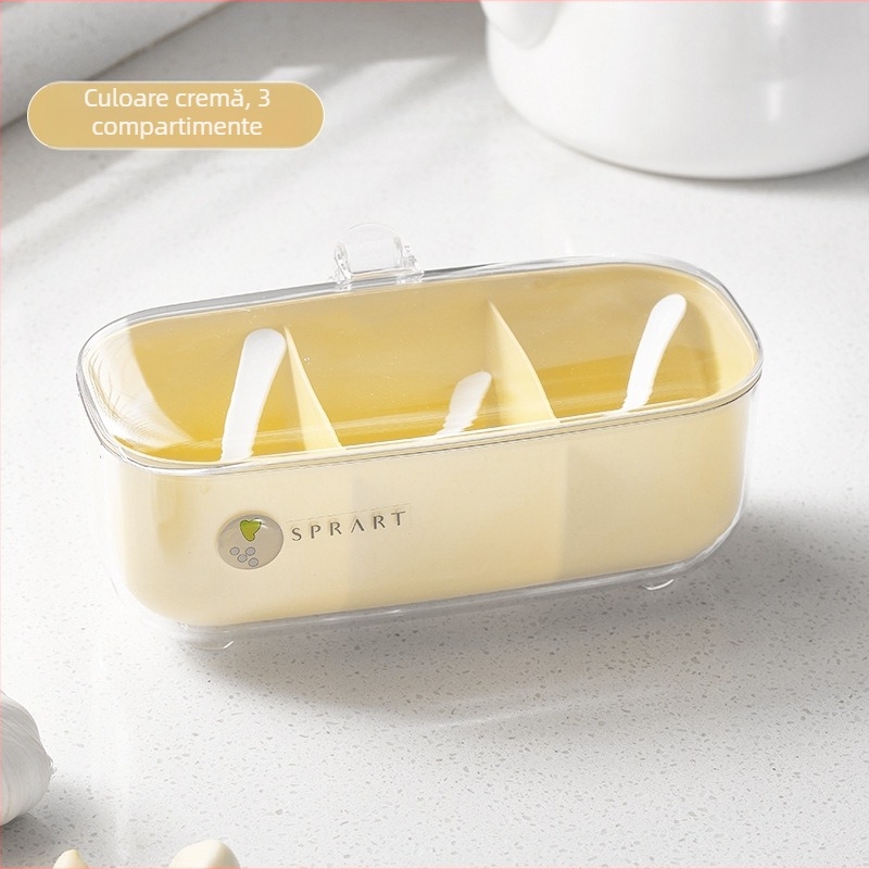 Recipient din plastic pentru condimente, cu capac integrat și spațiu de depozitare cu mai multe compartimente pentru condimente solide