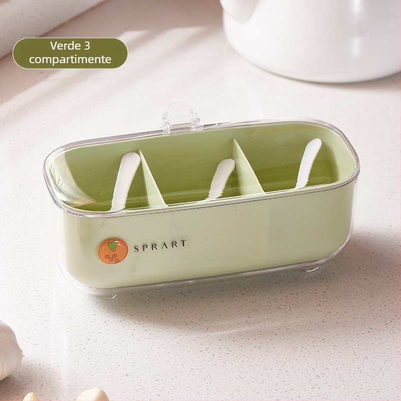 Recipient din plastic pentru condimente, cu capac integrat și spațiu de depozitare cu mai multe compartimente pentru condimente solide