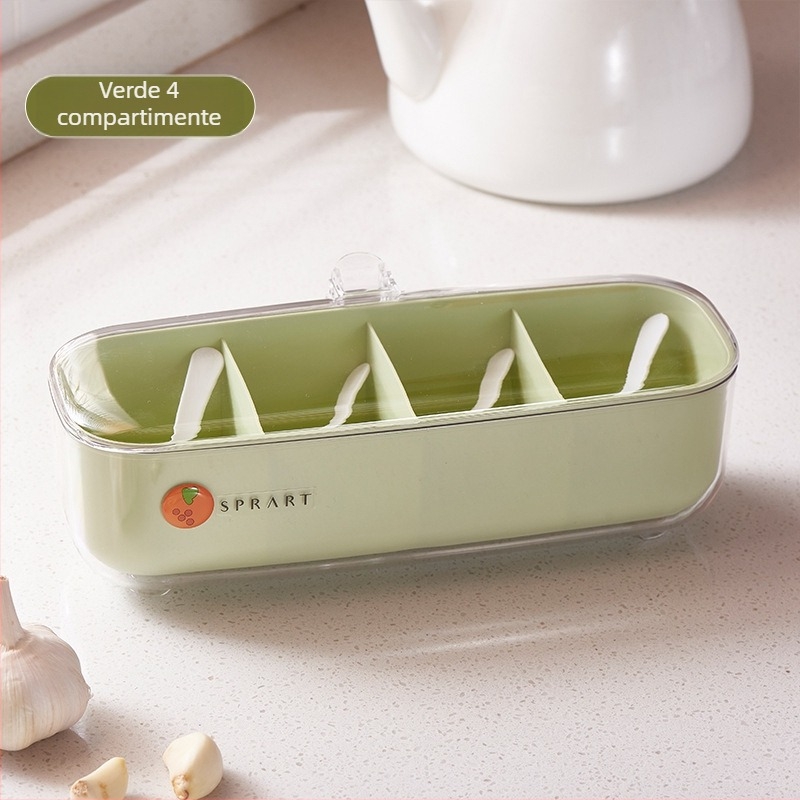 Recipient din plastic pentru condimente, cu capac integrat și spațiu de depozitare cu mai multe compartimente pentru condimente solide