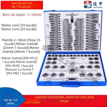 Set pentru filetare Tap and Die, din bearing steel alloy, cu taps și dies, tapping pin inclus