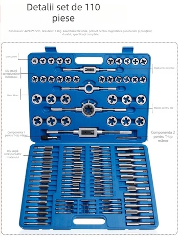 Set pentru filetare Tap and Die, din bearing steel alloy, cu taps și dies, tapping pin inclus