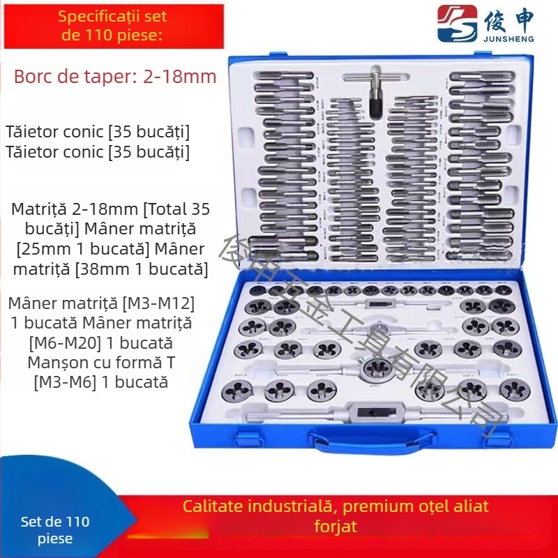 Set pentru filetare Tap and Die, din bearing steel alloy, cu taps și dies, tapping pin inclus