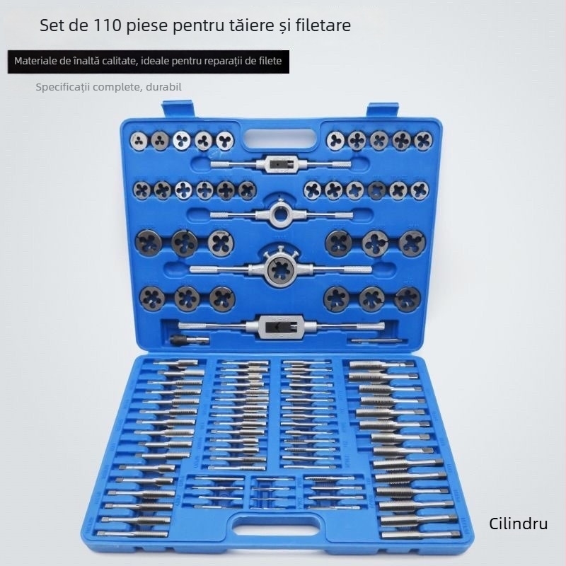 Set pentru filetare Tap and Die, din bearing steel alloy, cu taps și dies, tapping pin inclus