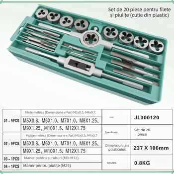 Set de 20 piese metric pentru filete (taps și dies)